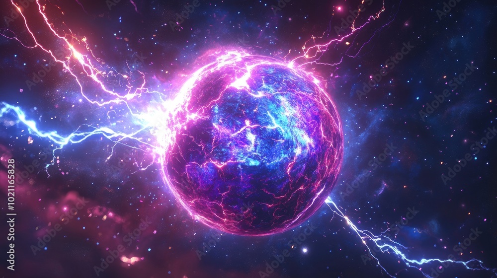 A vibrant, electrifying cosmic sphere emitting colorful lightning in a dark, starry space.