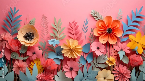 A vibrant arrangement of colorful paper flowers and leaves against a pink background, creating a cheerful and artistic floral display.