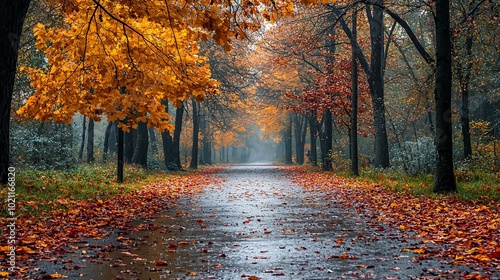 A rain-drenched park path with vibrant orange leaves overhead and scattered on the ground, capturing the essence of autumn's beauty and tranquility in nature. photo