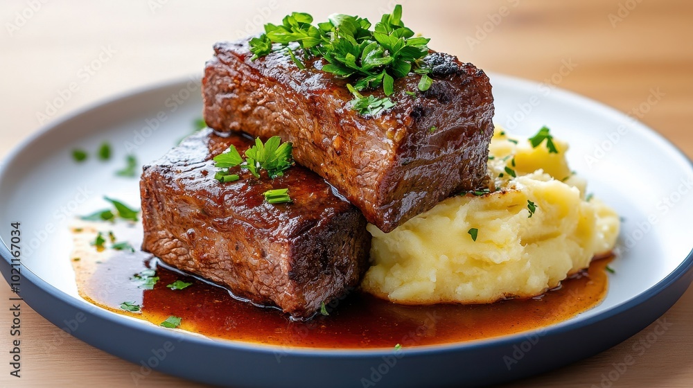 Tender beef short ribs braised in a rich red wine sauce, served with mashed potatoes Tender beef short ribs braised in a rich red wine sauce, served with mashed potatoes