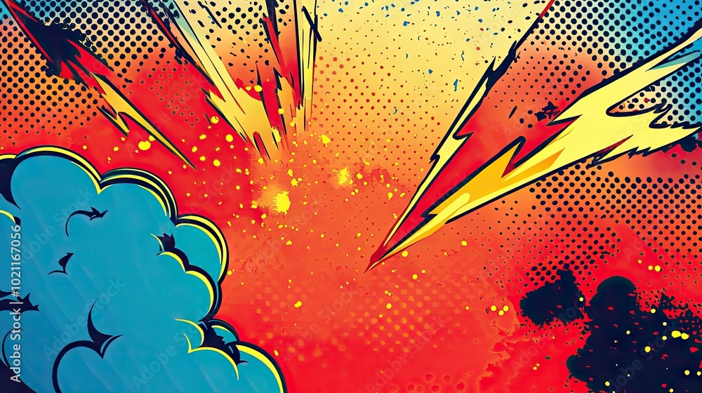 Obraz premium Colorful comic book-style explosion graphic with bold lightning and vibrant hues.