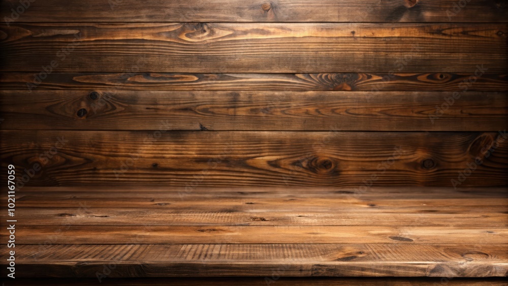 Naklejka premium Rustic wooden table with a weathered backdrop, creating a natural and inviting setting for showcasing products or displaying a simple arrangement.