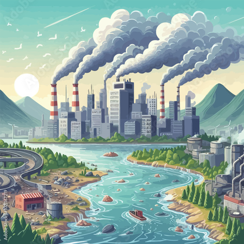 polluted river with factories on its banks, discharging waste into the water illustration 