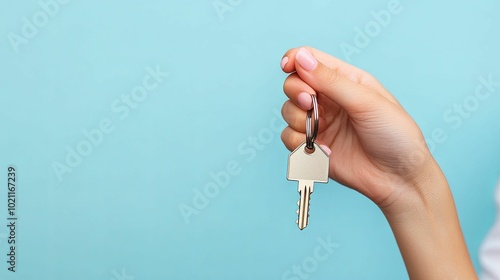 A Hand Holding a Silver Key with a House-Shaped Keyring Against a Blue Background photo