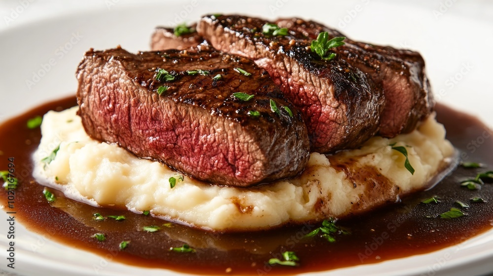A close-up of a plate of perfectly cooked steak, sliced and resting on a bed of creamy mashed potatoes with a rich brown gravy. A close-up of a plate of perfectly cooked steak, sliced and resting on a bed of creamy mashed potatoes with a rich brown gravy.