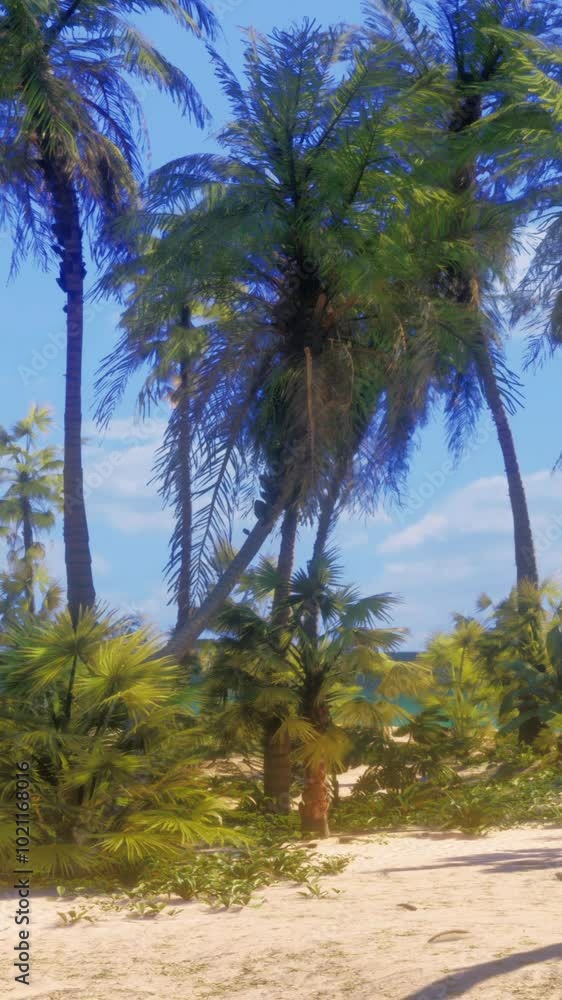 A beach with palm trees and the ocean in the background A beach with palm trees and the ocean in the background
