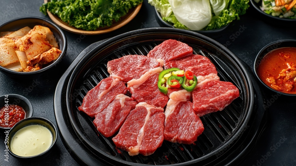 Korean BBQ grill with beef slices cooking, surrounded by side dishes and dipping sauces Korean BBQ grill with beef slices cooking, surrounded by side dishes and dipping sauces