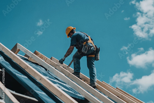 Wallpaper Mural Roofer Carpenter Working on Roof Structure at Construction Site Residential Roofing Building Process Torontodigital.ca