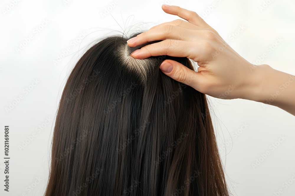 Fototapeta premium 女性。頭皮のクローズアップ。頭頂部。薄毛。白背景｜Women. Close-up of scalp. Parietal. Thinning hair. White Background