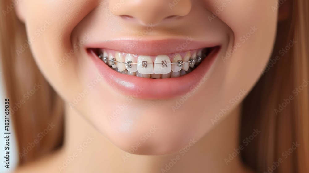 Close-up of a Woman's Smile with Braces - Dental Care and Orthodontics Close-up of a Woman's Smile with Braces - Dental Care and Orthodontics