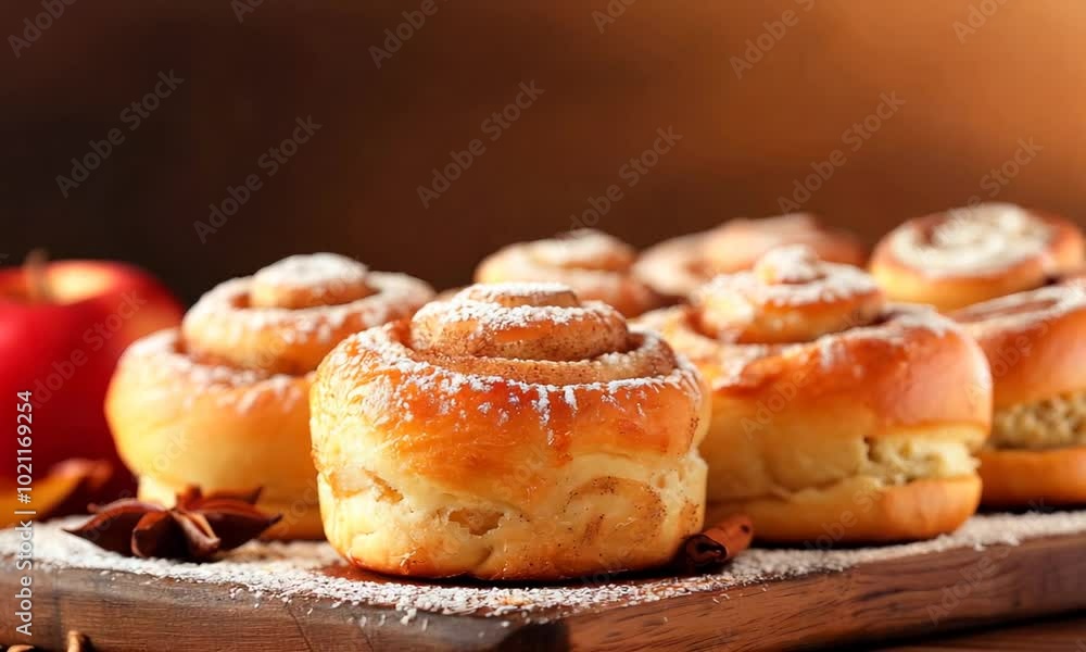 Apple cinnamon rolls, gooey and warm, cozy kitchen, copy space Apple cinnamon rolls, gooey and warm, cozy kitchen, copy space