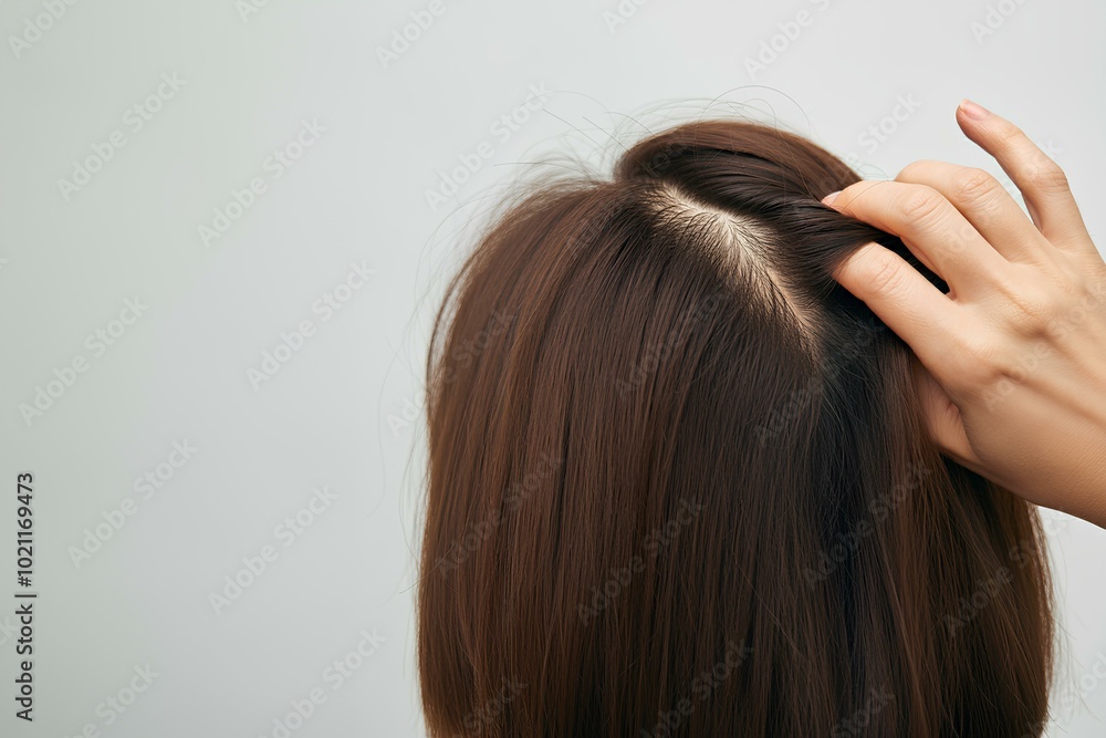 女性。頭皮のクローズアップ。頭頂部。薄毛。白背景|Women. Close-up of scalp. Parietal. Thinning hair. White Background 女性。頭皮のクローズアップ。頭頂部。薄毛。白背景|Women. Close-up of scalp. Parietal. Thinning hair. White Background