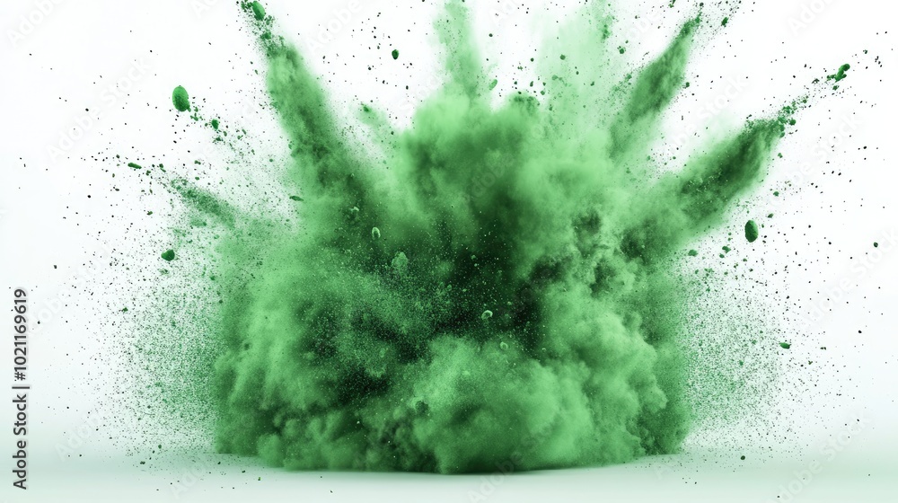 A vibrant explosion of green powder creates a dynamic and energetic visual impact against a clean background. A vibrant explosion of green powder creates a dynamic and energetic visual impact against a clean background.