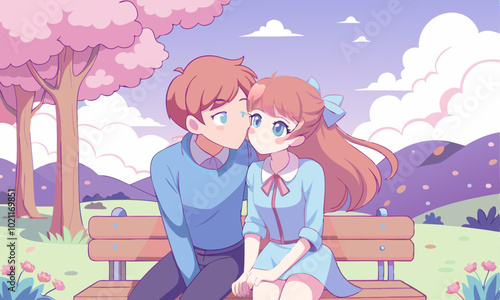 Download Couple Sweet Kissing Siting On Bench In Park Romantic Scenery Pastel Vector Illustration . This Icon Concept Isolated Premium Vector. 