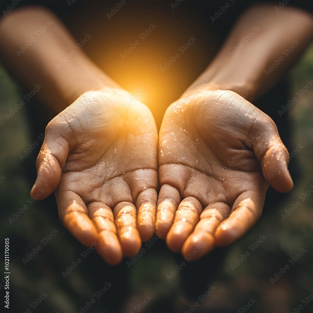 Fototapeta premium A pair of open hands catching light, symbolizing hope and generosity.