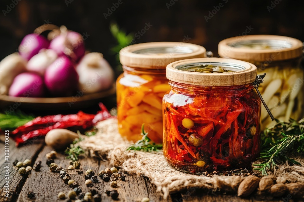 Jars of pickled vegetables on rustic table. Great for food, culinary, and health blogs. Jars of pickled vegetables on rustic table. Great for food, culinary, and health blogs.