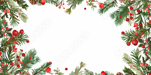 A Christmas tree branch with decorations and holly berries,Generated By Ai