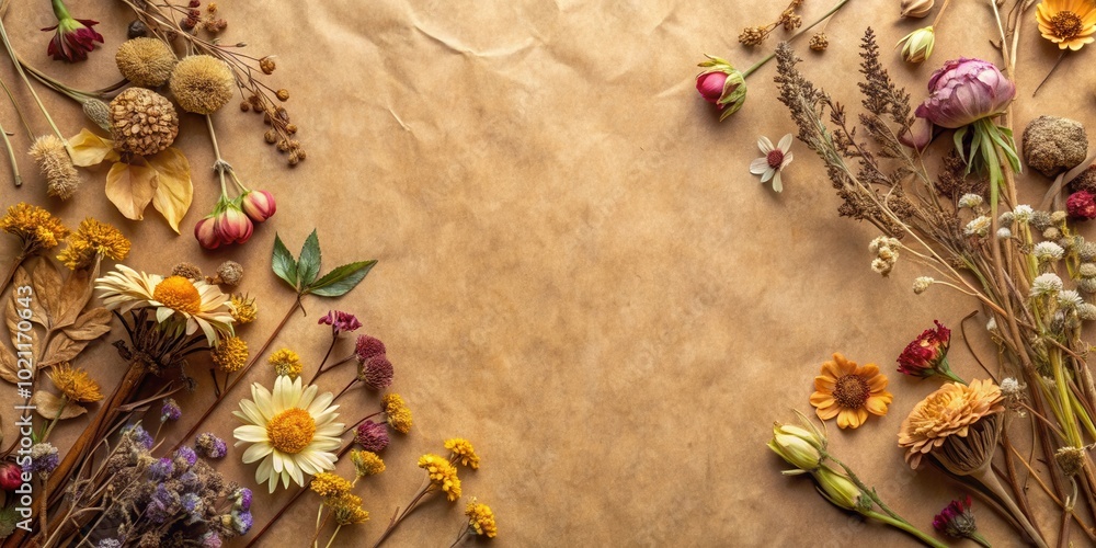 A delicate arrangement of dried flowers and foliage on a rustic brown paper background, showcasing the beauty of nature's ephemeral nature. A delicate arrangement of dried flowers and foliage on a rustic brown paper background, showcasing the beauty of nature's ephemeral nature.