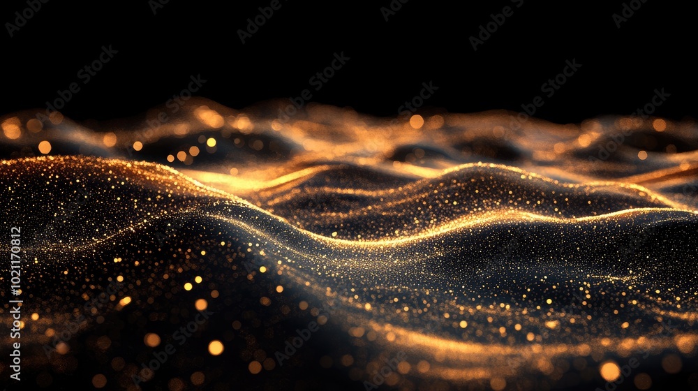 An abstract representation of shimmering golden waves against a black backdrop, evoking a sense of serenity and elegance. An abstract representation of shimmering golden waves against a black backdrop, evoking a sense of serenity and elegance.