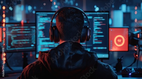 A male, mixed ethnicity gamer immersed in coding, wearing headphones, in a high-tech gaming environment with glowing screens.