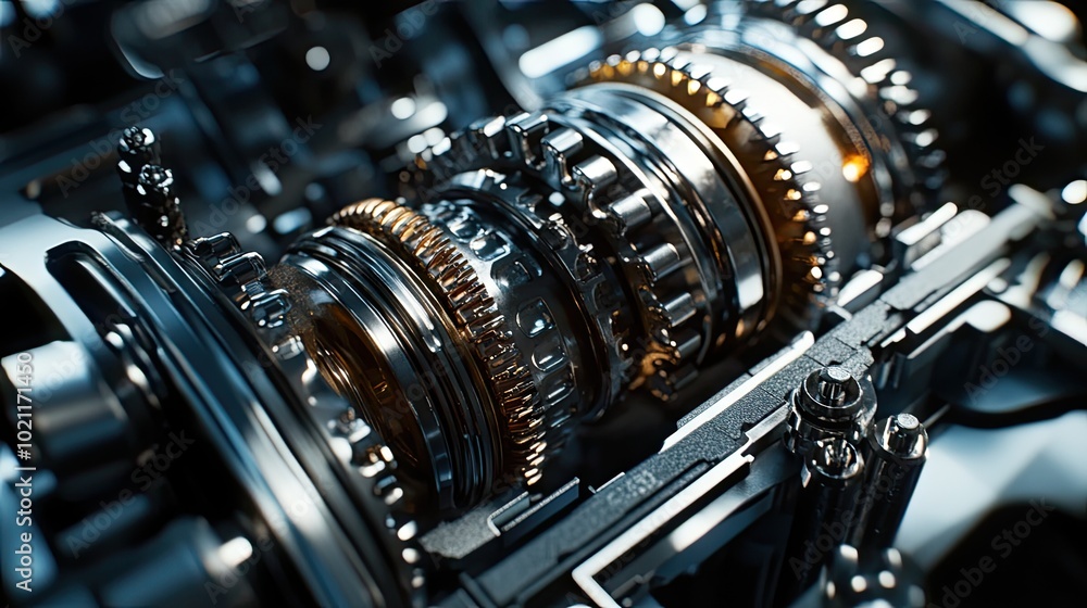 Fototapeta premium Close-up of intricate metallic gears in a mechanical engine, showcasing precision and craftsmanship in engineering.