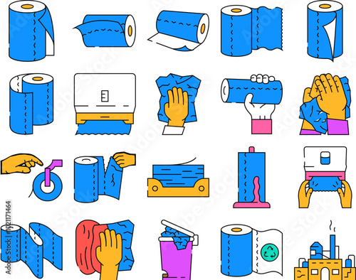 paper towel kitchen roll tissue icons set vector. clean toilet, wipe, napkin, bathroom wet, table, cleaning dry, hands cleanliness paper towel kitchen roll tissue color Contour Illustrations