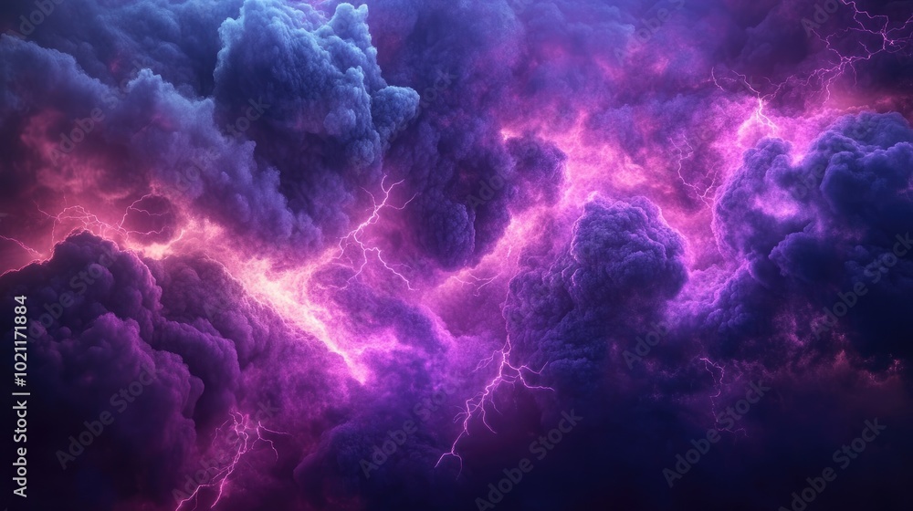 Stunning purple storm clouds illuminated by lightning flashes, creating a dramatic and mystical atmosphere. Stunning purple storm clouds illuminated by lightning flashes, creating a dramatic and mystical atmosphere.