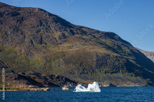 View of Eriksfjord fjord and the town of Narsaq in south Greenland photo