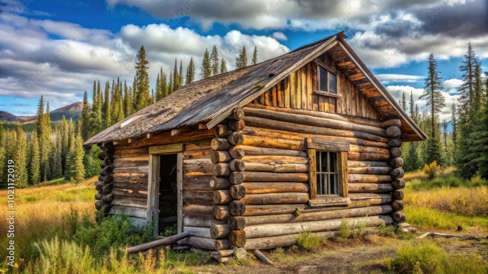 A weathered log cabin stands alone in a meadow surrounded by towering evergreen trees and a vibrant blue sky dotted with fluffy white clouds. A weathered log cabin stands alone in a meadow surrounded by towering evergreen trees and a vibrant blue sky dotted with fluffy white clouds.