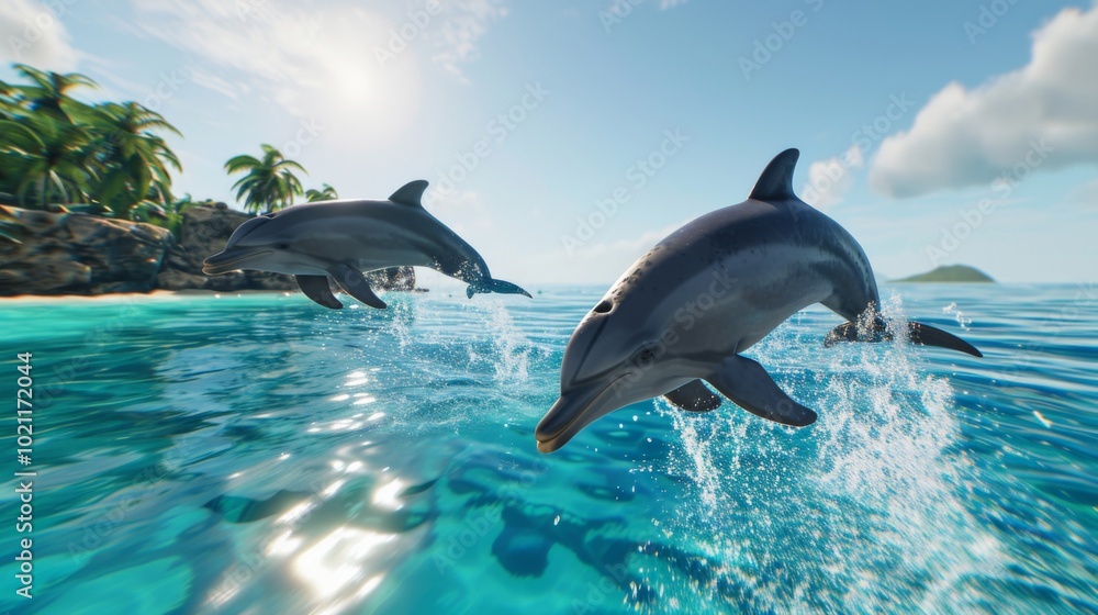 Naklejka premium Dolphins Jumping in Tropical Waters: A Breathtaking Sight