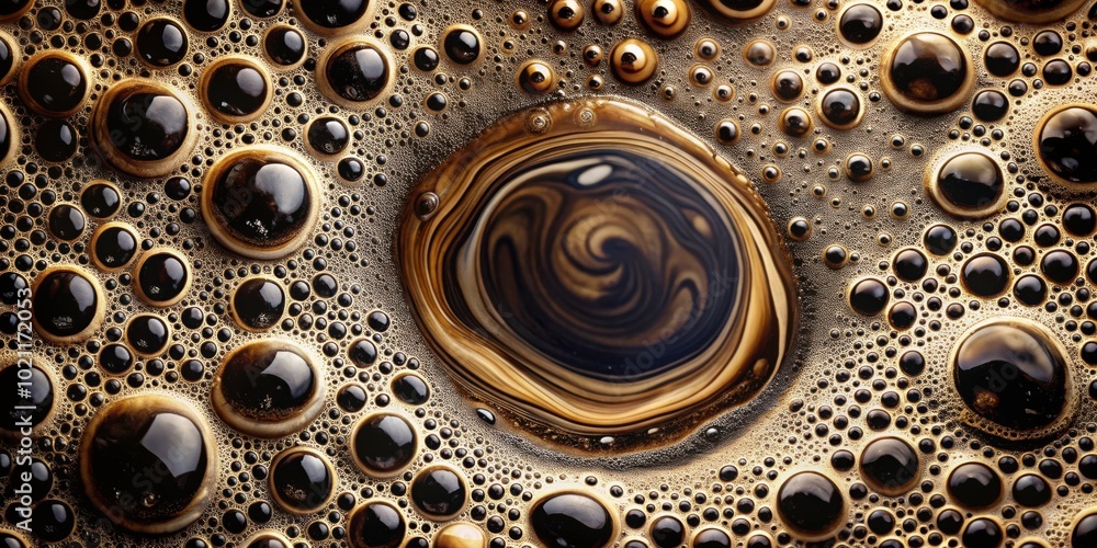 A swirling vortex of dark brown liquid surrounded by a sea of frothy, iridescent bubbles, a close-up perspective on the intricate patterns formed by liquid and air. A swirling vortex of dark brown liquid surrounded by a sea of frothy, iridescent bubbles, a close-up perspective on the intricate patterns formed by liquid and air.