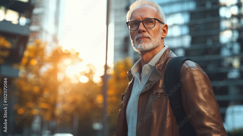 Elderly Caucasian man with glasses in a brown leather jacket against a city backdrop at sunset. Elderly Caucasian man with glasses in a brown leather jacket against a city backdrop at sunset.