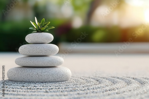 Zen garden with healing stones and plants, calming natural space, 3D illustration