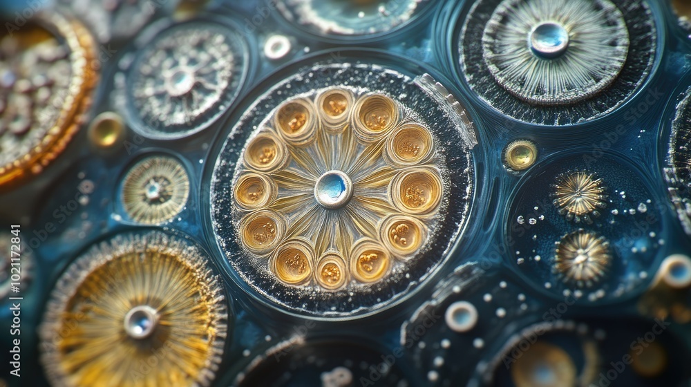 Intricate microscopic view of golden diatoms in vibrant blue hues, showcasing nature's delicate beauty. Intricate microscopic view of golden diatoms in vibrant blue hues, showcasing nature's delicate beauty.