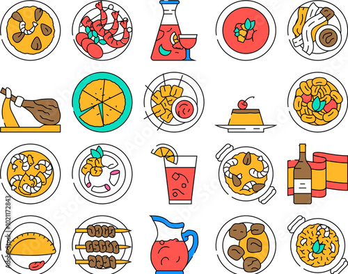 spanish cuisine food spain paella icons set vector. dish mediterranean, tortilla onion, omelet table, mussel gourmet, olive, traditional spanish cuisine food spain paella color Contour Illustrations