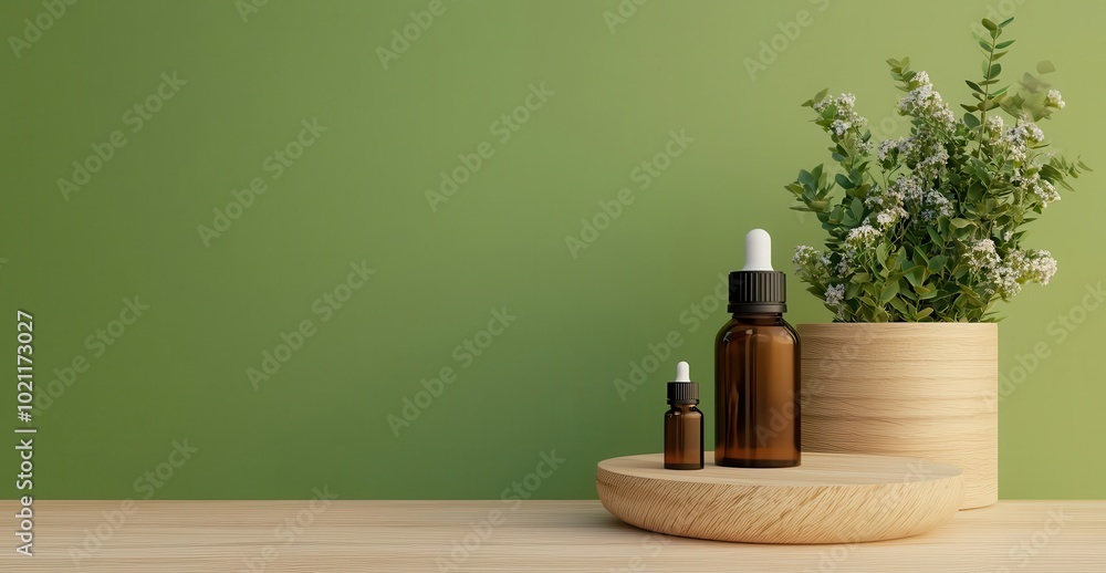 Essential oils and dried flowers on a wooden table, holistic healing setup, 3D illustration Essential oils and dried flowers on a wooden table, holistic healing setup, 3D illustration