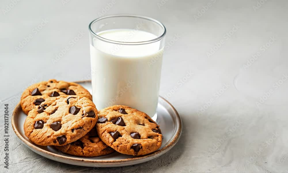 Chocolate chip cookies on a plate with a glass of milk, homey vibe Chocolate chip cookies on a plate with a glass of milk, homey vibe