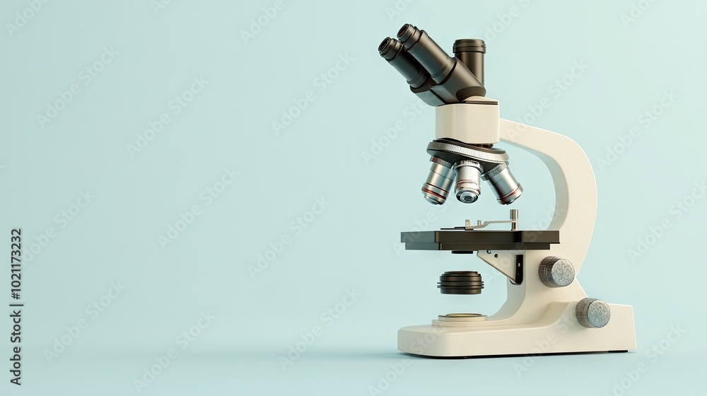 Close-up of a classic laboratory microscope set against a soft blue background. Close-up of a classic laboratory microscope set against a soft blue background.