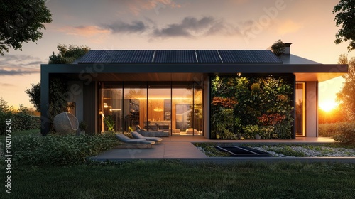 Modern eco-friendly home with solar panels, featuring lush greenery and a serene sunset backdrop.