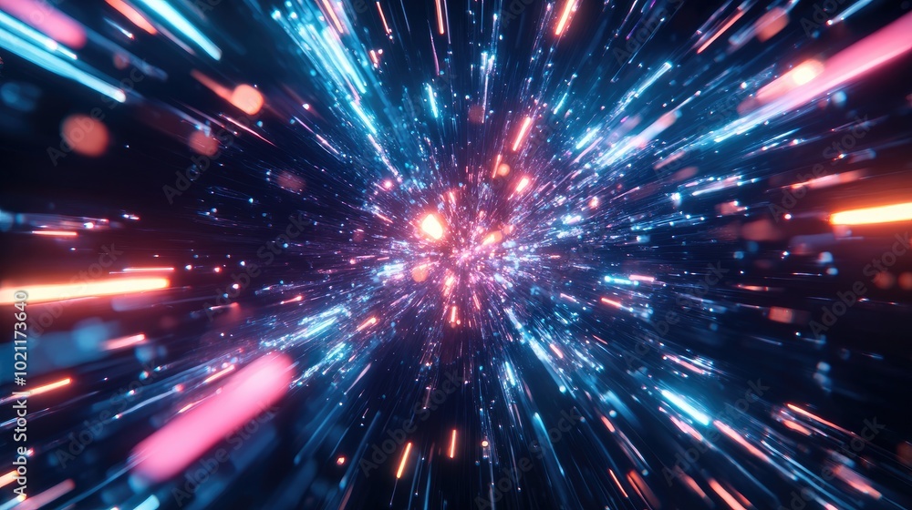 A dynamic burst of vibrant lights and particles, creating an abstract explosion effect in space. A dynamic burst of vibrant lights and particles, creating an abstract explosion effect in space.