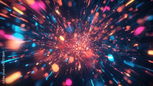 Dynamic explosion of colorful particles radiating outward in vivid hues.