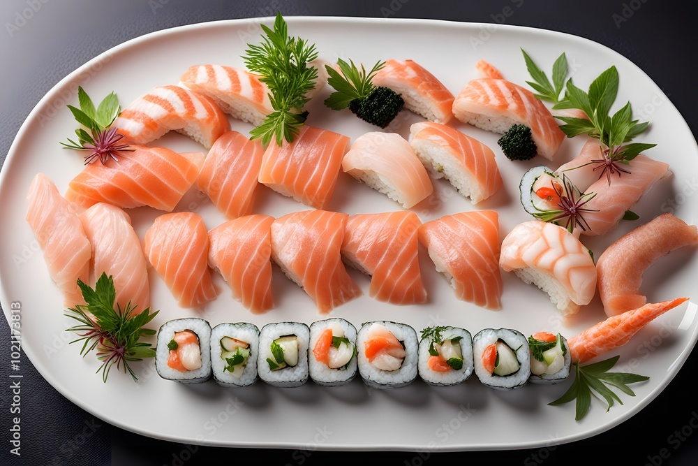 A platter of nigiri sushi featuring a variety of fish like salmon eel shrimp and squid all garni, Ai Generated A platter of nigiri sushi featuring a variety of fish like salmon eel shrimp and squid all garni, Ai Generated
