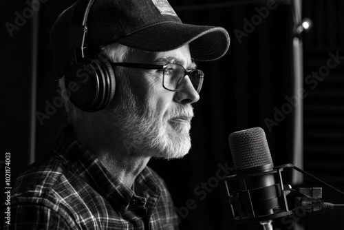 Elderly voice over artist in the booth. Black and white