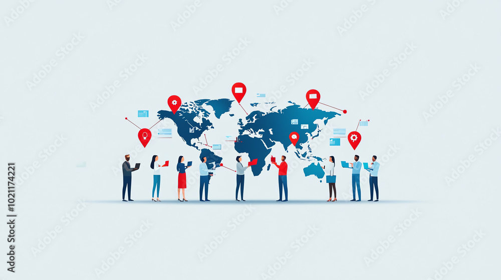 A diverse group of professionals collaborating around a world map, representing global business communication and teamwork. A diverse group of professionals collaborating around a world map, representing global business communication and teamwork.