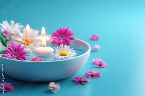 Herbal bath with flowers and candles, natural healing for relaxation, 3D illustration