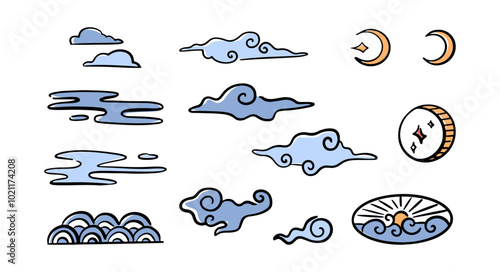 Chinese traditional style of doodles. Vector isolated moon and fluffy clouds, crescent and stars. Ornamental decoration for textile or art, asian oriental accessories or symbol. Blowing wind effect
