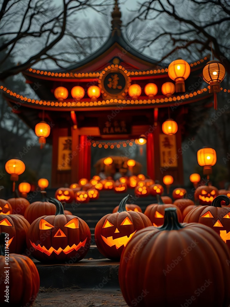 Halloween pumpkins glowing alongside obon lanterns in front of a temple close up - a serene fusion of holidays - whimsical - composite - temple steps backdrop halloween backdrop Halloween pumpkins glowing alongside obon lanterns in front of a temple close up - a serene fusion of holidays - whimsical - composite - temple steps backdrop halloween backdrop