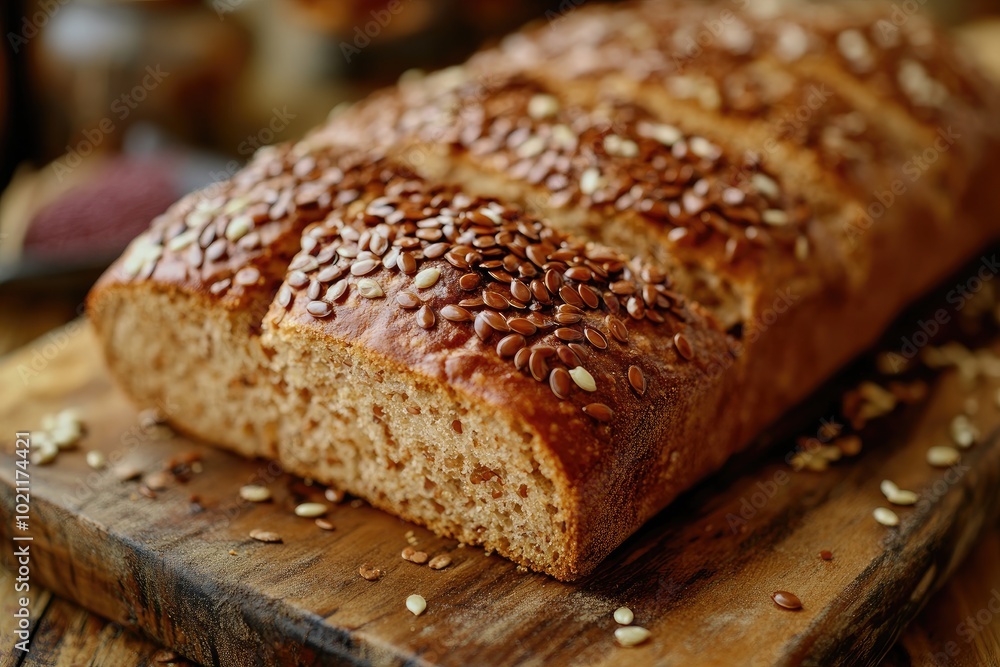 A loaf of freshly baked bread with seeds. This image can be used to promote a bakery, a food blog, or a cookbook. A loaf of freshly baked bread with seeds. This image can be used to promote a bakery, a food blog, or a cookbook.
