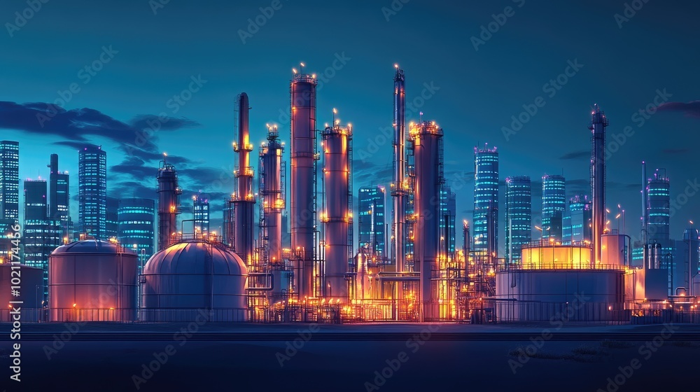 Obraz premium A vibrant industrial skyline at twilight, featuring illuminated refinery towers and storage tanks.