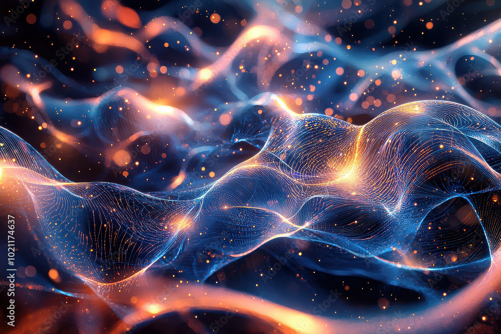 The artwork presents futuristic waveforms with scattered glowing dots in ethereal blue and orange, suggesting a blend of cosmic energy and high-tech innovation. The artwork presents futuristic waveforms with scattered glowing dots in ethereal blue and orange, suggesting a blend of cosmic energy and high-tech innovation.